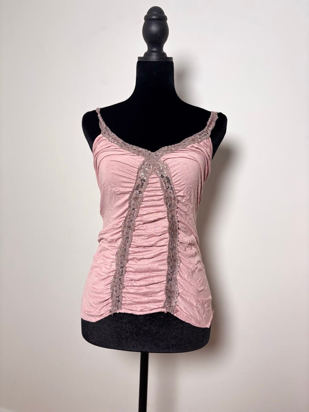 Vtg Y2K Blush Pink River Island Cami Lace Sequined Straps Ruched Seams Size S